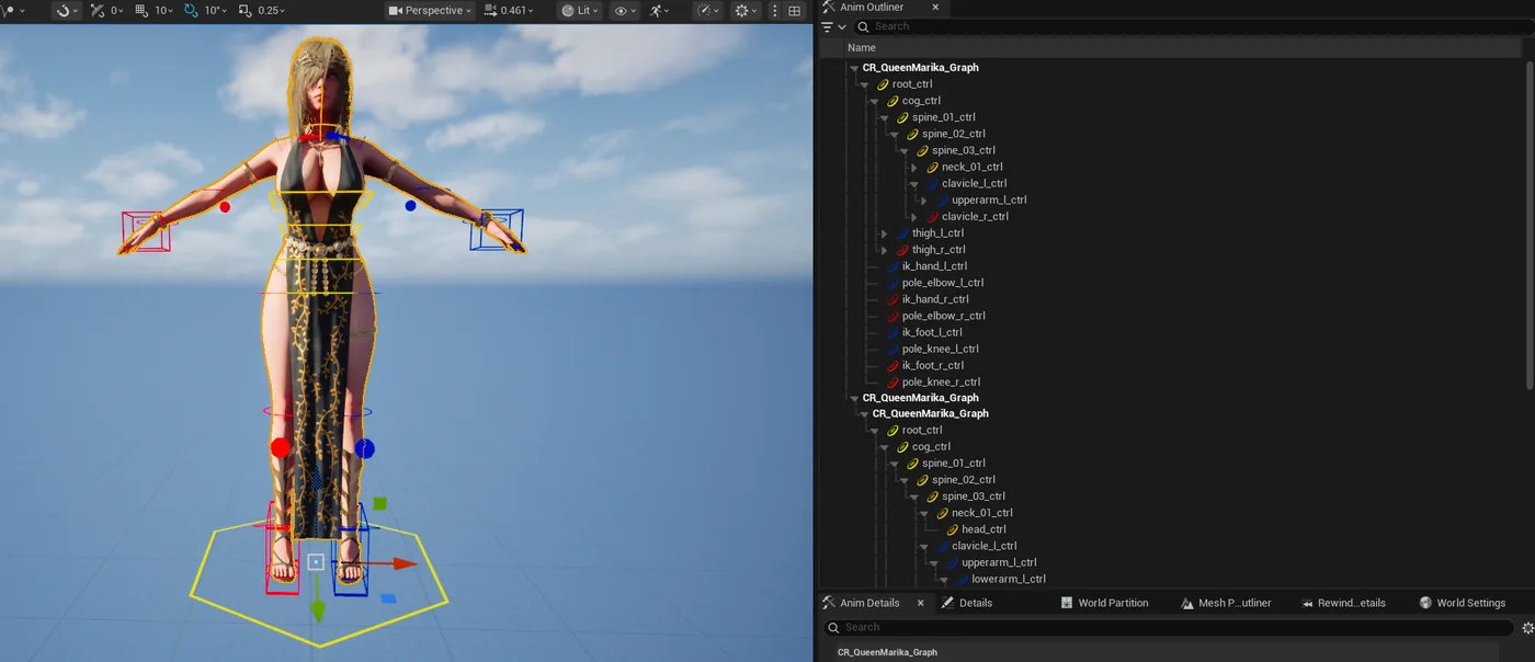 Unreal Engine viewport showing a rigged character with control gizmos on the hands, elbows, hips, knees and feet, alongside the Anim Outliner listing the full control hierarchy.