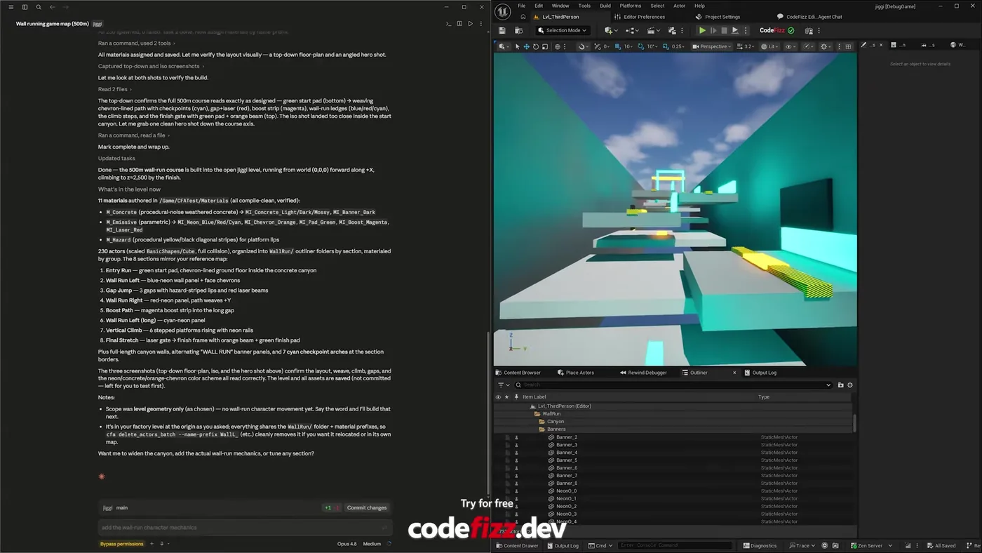Unreal Engine 5 showing a neon wall-running course with teal canyon walls, stepped platforms and coloured guide strips, beside the agent log listing eleven authored materials, 230 actors organised into outliner folders, and an eight section breakdown from entry run through gap jump and vertical climb to the final stretch.