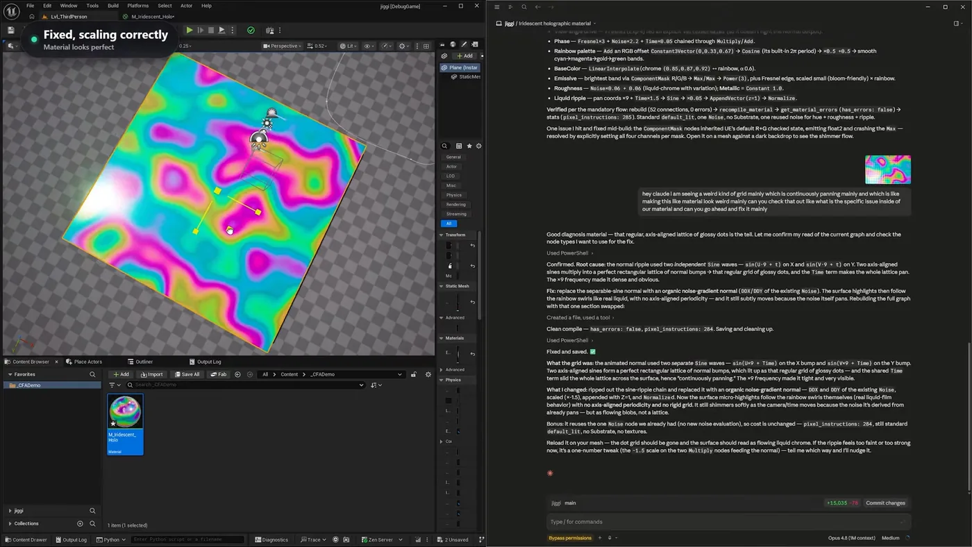 An iridescent holographic material on a plane in Unreal Engine 5 showing smooth rainbow chrome swirls, labelled fixed and scaling correctly. Beside it the agent log shows the screenshot of the bug, the plain language report of a weird panning grid, and the diagnosis that two independent sine waves multiplied into a rectangular lattice of normal bumps.