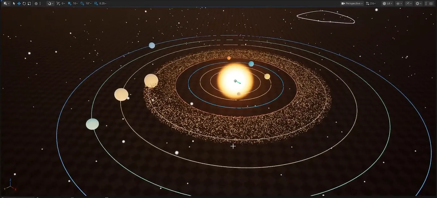 Unreal Engine viewport showing a Niagara solar system: a bright sun at the centre, coloured planets on elliptical orbit rings, a dense asteroid belt and a starfield.