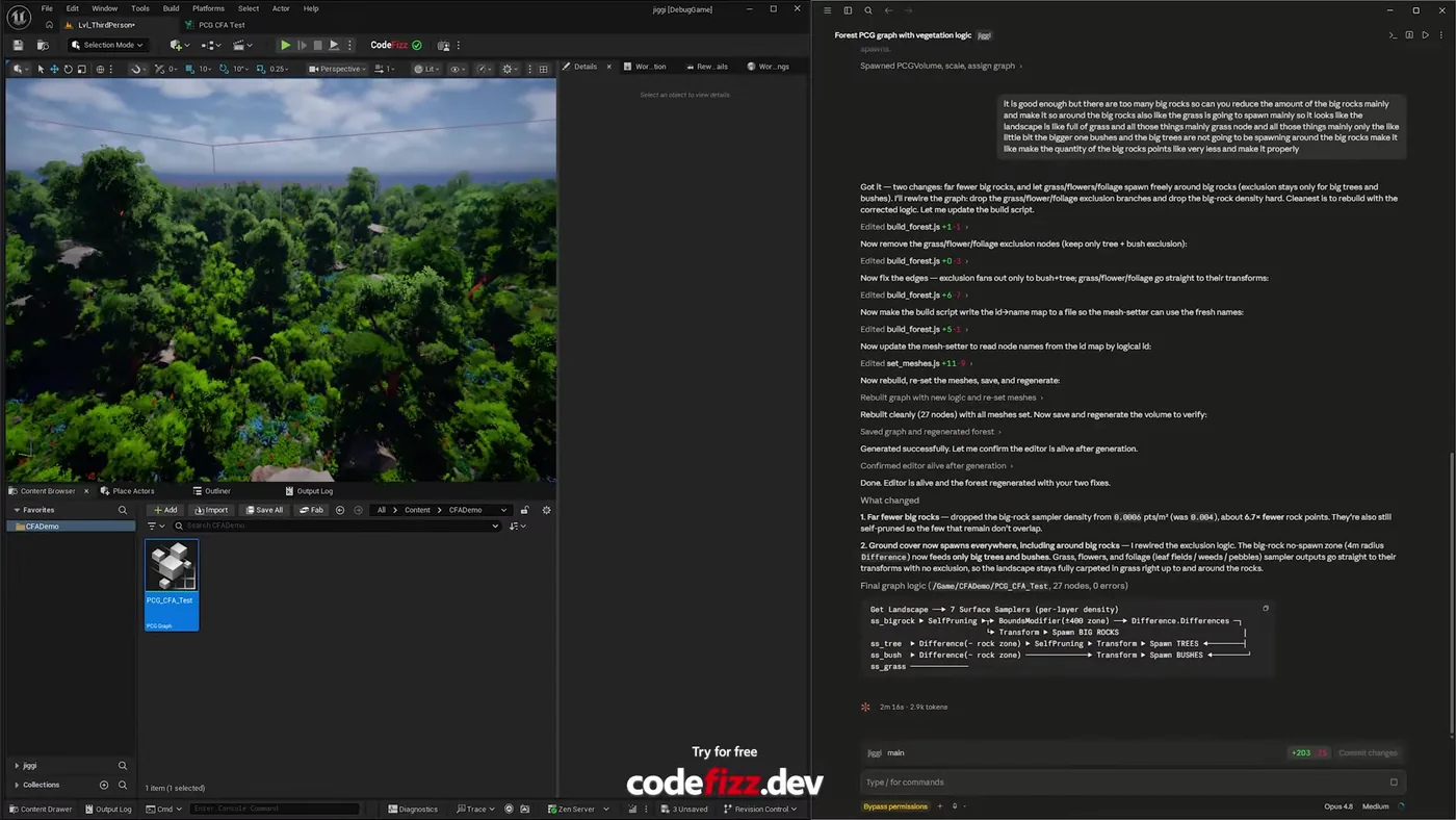 Unreal Engine 5 viewport filled with a dense procedural forest canopy, alongside the agent log summarising what changed: big rock sampler density dropped to give about 6.7 times fewer rock points, the exclusion logic rewired so ground cover spawns around rocks, and a final graph of 27 nodes with zero errors.