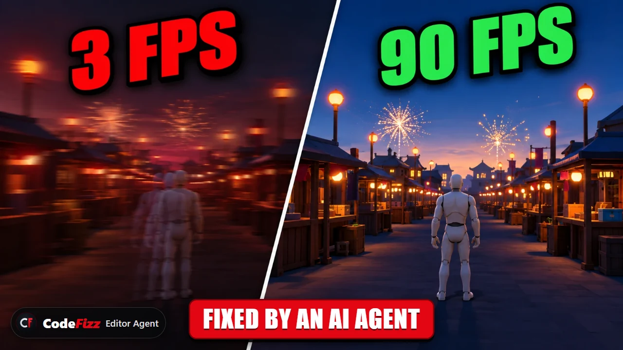 A night market level in Unreal Engine 5 shown twice: blurred on the left with the label 3 FPS, sharp on the right with the label 90 FPS, and the line fixed by an AI agent.