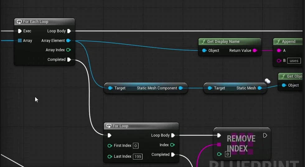 Part of the Blueprint event graph: a For Each Loop that feeds Get Display Name, the static mesh of each actor, an Append node, and a For Loop that calls Remove Index.