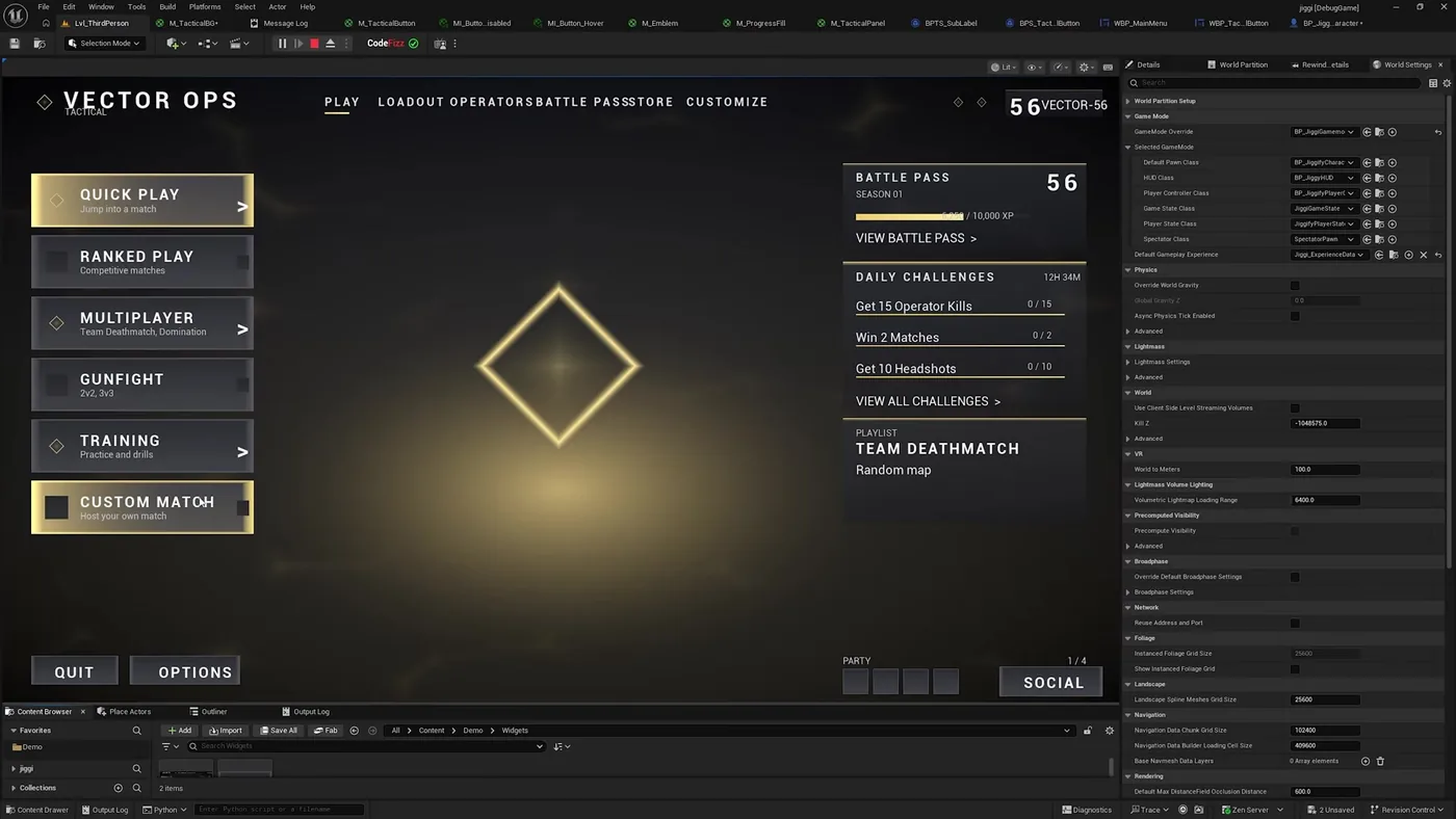 A finished tactical shooter main menu in Unreal Engine 5 titled Vector Ops, with a left column of mode buttons showing a gold hover state, a glowing diamond emblem in the centre, and battle pass, daily challenges and playlist panels on the right. The Unreal tab bar above lists the generated assets including tactical background, button and emblem materials, a progress fill material and the main menu widget.