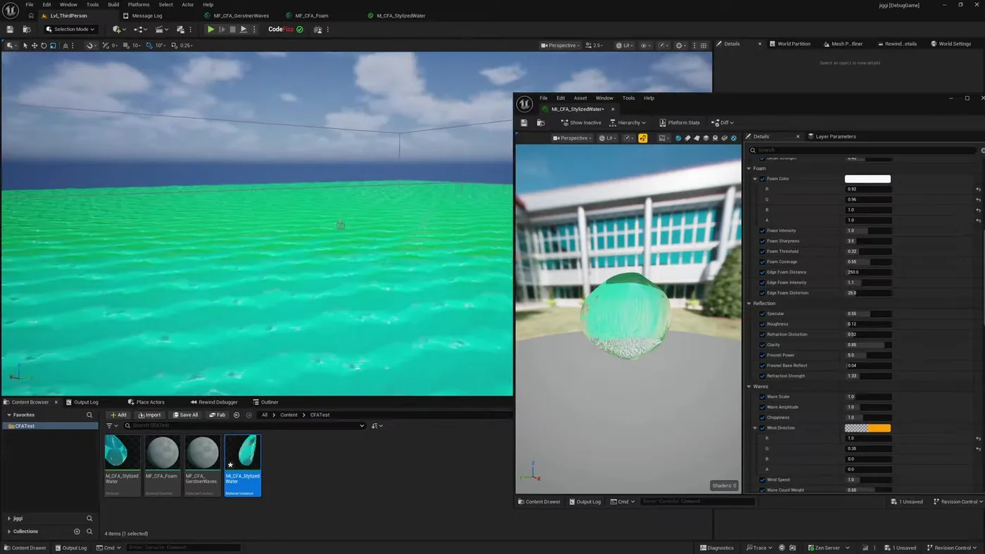 Unreal Engine 5 with a stylized turquoise ocean filling the viewport, a material instance editor showing Foam Color, Foam Intensity, Foam Sharpness, Wave Scale, Wave Amplitude, Choppiness, Wind Direction and Wind Speed parameters, and four generated assets in the content browser.